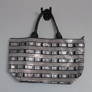 Victoria's Secret Black Canvas and Embelished Silver Sequins Large Modern Tote